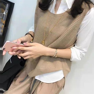 反季清仓镂空针织马甲女套头圆领宽松外穿坎肩毛衣背心大码马夹薄图片