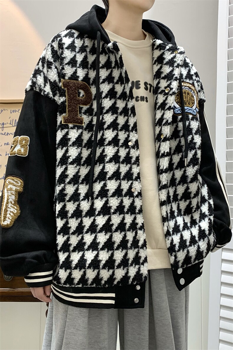 22冬千鸟格新款羊羔毛宽松大码棉服外套B266-Y616-P125,男装棉衣,星座B257-1