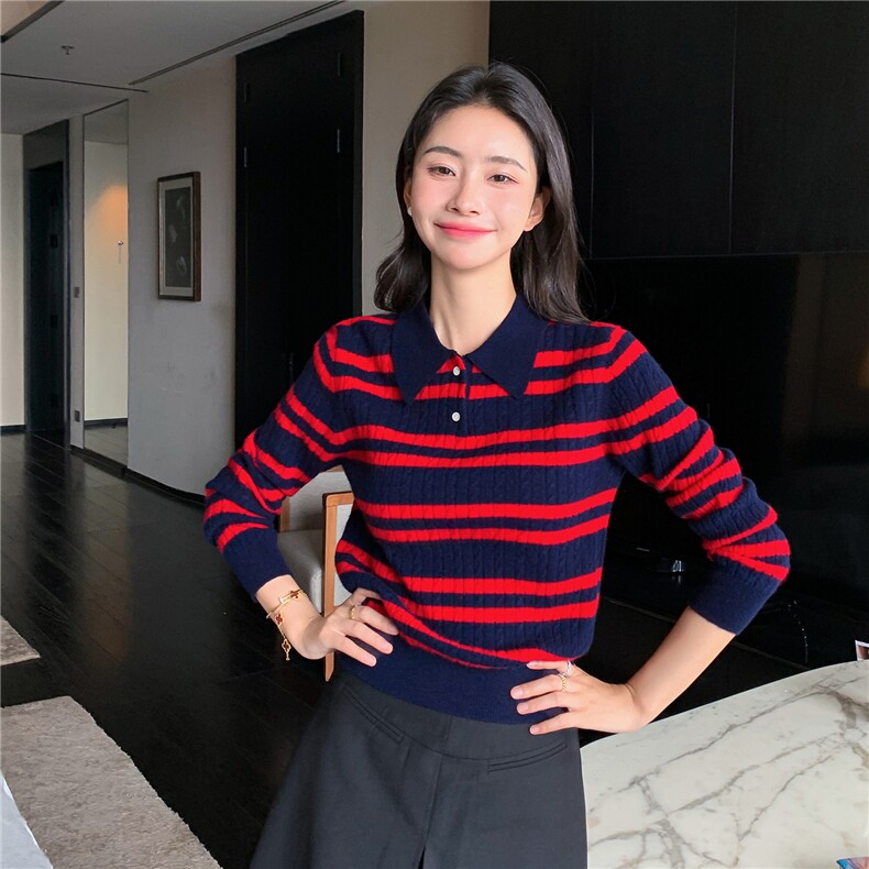 2025秋冬百搭时尚简约polo领长袖条纹针织衫,女装羊绒衫,玛卡隆羊绒