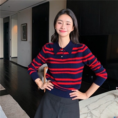 2025秋冬百搭时尚简约polo领长袖条纹针织衫，女装羊绒衫，玛卡隆羊绒