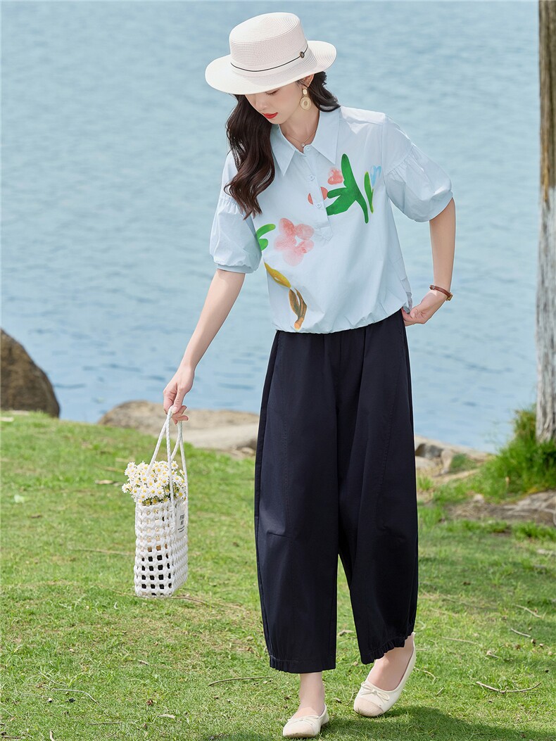 2026年夏季新款时尚水墨印花衬衫裤子两件套,女装套装/套裙,依路服饰