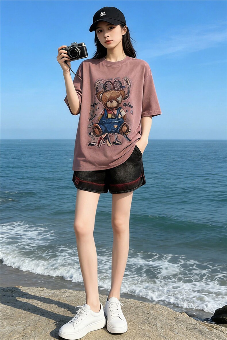 欧货休闲时尚运动套装女夏新款圆领短袖小熊上衣宽松短裤两件套潮,女装套装/套裙,江南