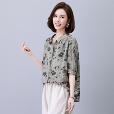 妈妈棉麻短袖衬衫女2025夏季新款大码宽松中老年女装外穿碎花上衣，女装衬衫，依恋蒂丝