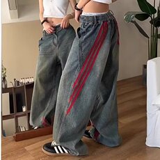 3631-P47美式秋冬复古条纹拼接直筒牛仔裤女高街设计感高腰，男装牛仔裤，电商B323A