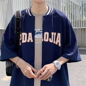 美式棒球服衬衫男短袖青少年华夫格重磅衬衣夏季薄款外套五分袖男图片