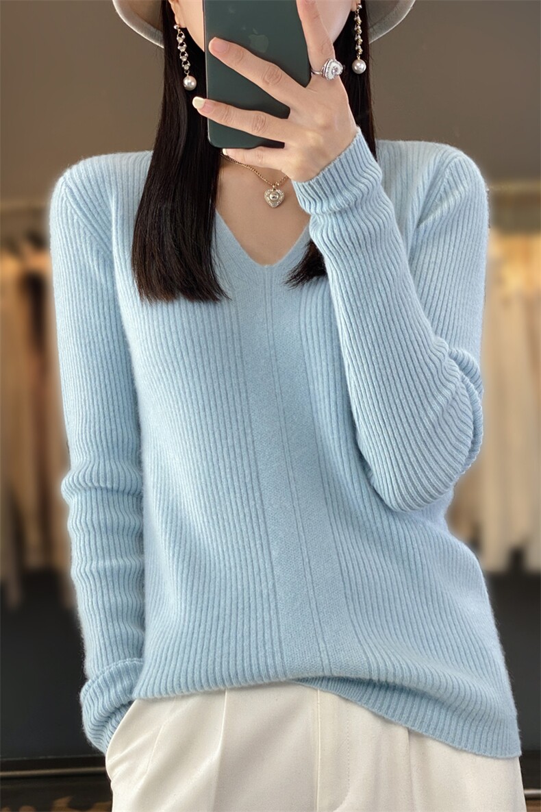 羊毛毛衣女V领修身显白短款2024年新款秋冬季内搭打底,女装羊毛衫,鹿一羊绒