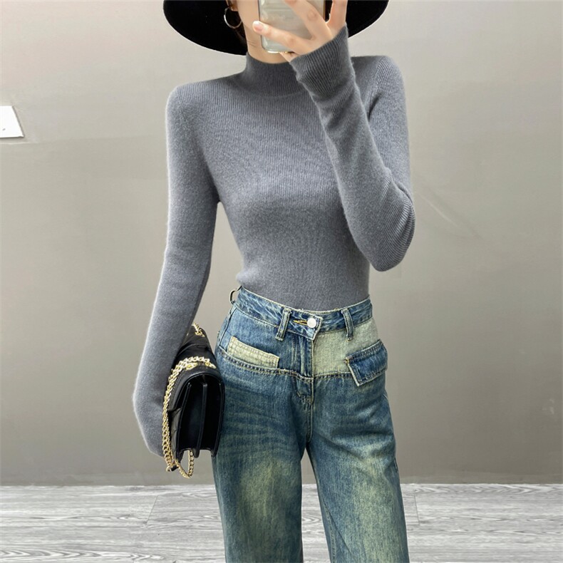 秋冬新款半高领针织衫女套头毛衣抽条打底衫时尚百搭修身显瘦内搭，女装羊绒衫，织绒羊