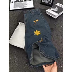 花卉刺绣牛仔短裤男款夏季宽松阔腿七分裤子直筒中裤N3566，男装牛仔裤，星座1116A（原606A-3）