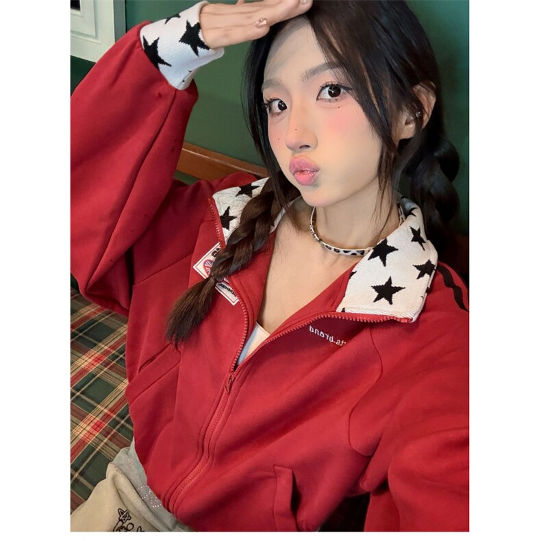 TOOHIGH美式复古撞色星星卫衣外套秋季女设计感宽松立领休闲上衣,女装短外套,星座506A