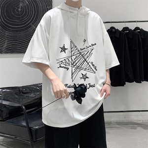 LD54456-P45 连帽短袖t恤男大码胖子带帽五分袖中袖图片
