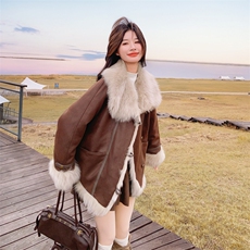 咖色美拉德穿搭复古毛绒拼接外套女2025冬季新款加厚保暖皮毛一体，女装棉衣/棉服，2B188