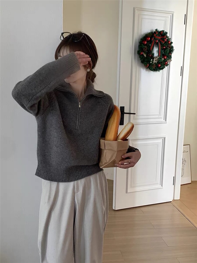2025百搭时尚秋冬新款半开翻领长袖加厚针织衫，女装针织衫/毛衣，秀阁羊绒