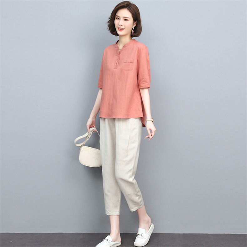 （新款）2024年夏时尚两件套装女亚麻棉刺绣上衣小脚裤,女装休闲裤,忆绮罗