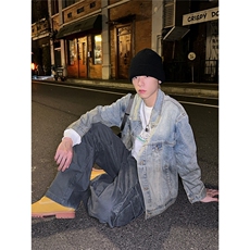 小众复古做旧短款牛仔外套男女同款渐变色翻领上衣，男装工装外套，星座506A