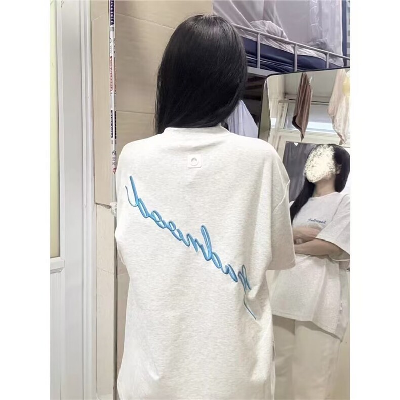 字母刺绣黑色短袖t恤女夏季2025新款潮牌宽松慵懒风半袖纯棉上衣,男装T恤,星座1210-1