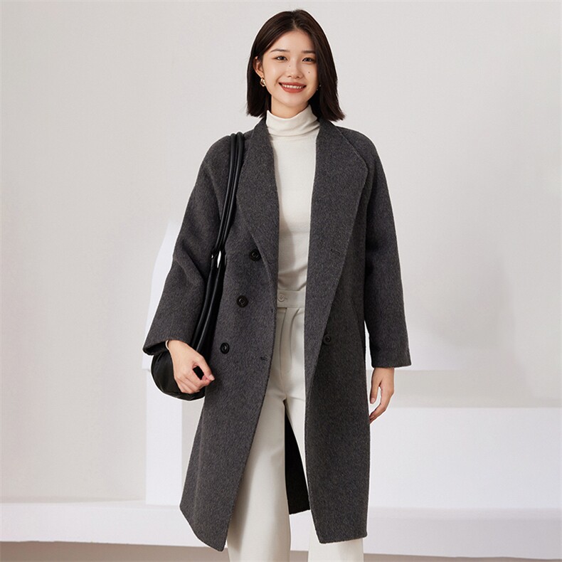 双排扣中长款2024年秋冬季新款针织羊毛双面呢大衣女士图片