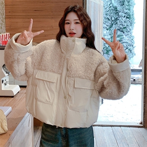 羊羔毛拼接白色立领短款羽绒服女冬超火好看高级小众加厚保暖外套图片