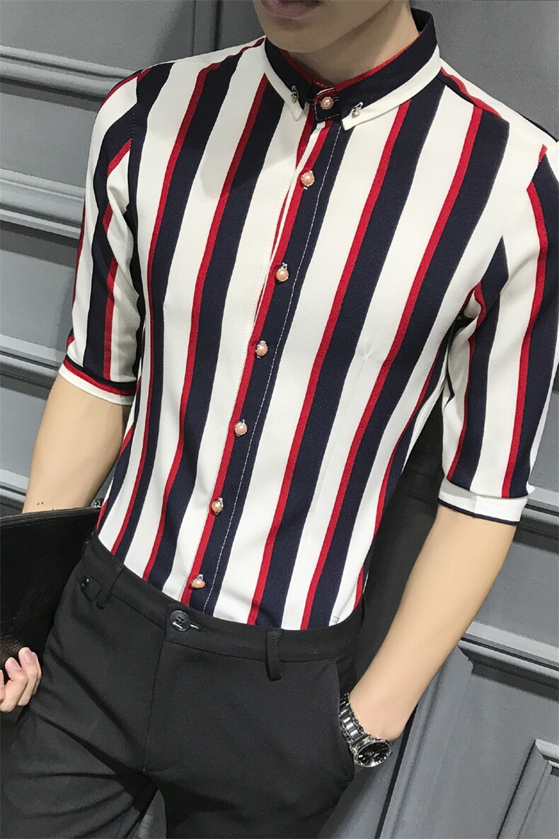 LT450-型男大条纹黑红色社会小伙七分袖衬衫大码发型师寸衫,男装衬衫,星座717A