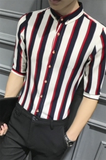 LT450-型男大条纹黑红色社会小伙七分袖衬衫大码发型师寸衫，男装衬衫，星座717A