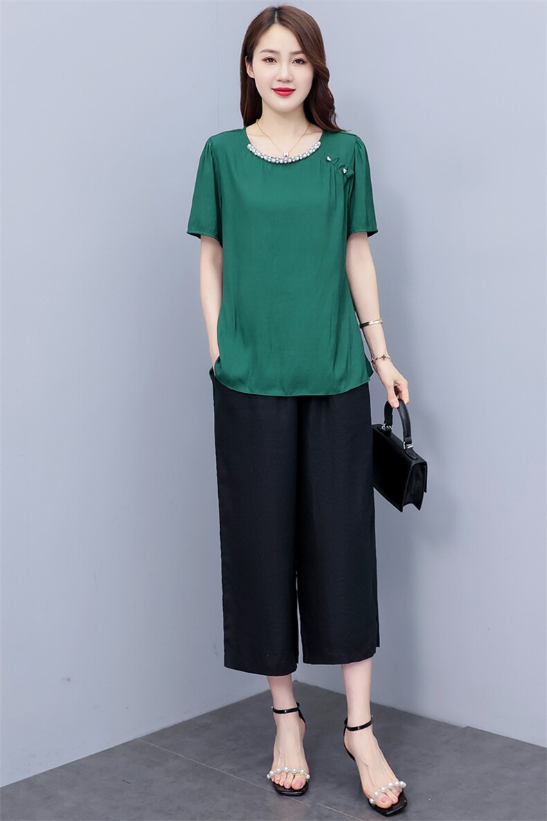 （现货）阔腿裤套装女2025夏季新款大码胖mm200斤中年妈妈两件套,女装套装/套裙,深妍伊美
