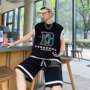 两件套套装男士无袖T恤字母帅气百搭2025夏季ins短裤W6564-P69图片