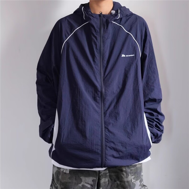 2025新款美式潮牌撞色拼接连帽防晒衣男夏季防泼水户外运动防晒服，男装防晒衣，星座506A