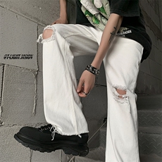 B221美式ins高街简约小众设计毛边破洞牛仔裤LK23067-P60控78，男装牛仔裤，电商B221