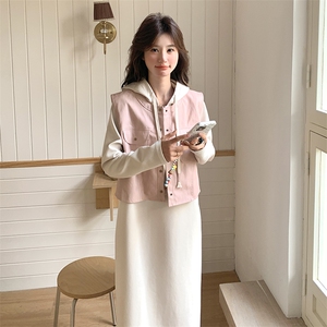 法式高级感穿搭连帽卫衣裙两件套女2025春季新款皮马甲连衣裙套装图片