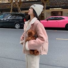 粉色羽绒服女冬温柔甜美皮毛一体羊羔毛拼接短外套6101p235K368，女装羽绒服，维壹