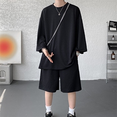 8XL-M高级感纹理短袖套装男夏季慵懒风T恤短裤两件套TZ108P78，男装牛仔裤，电商D206-1