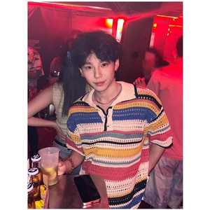 美式条纹撞色针织polo衫宽松夏季新款翻领休闲短袖T恤 TY39图片