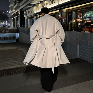 大翻领系腰带长款呢子风衣 冬款美式潮牌防风高领外套上衣881P128图片