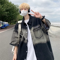 牛仔衬衫男韩版潮流短袖渐变色个性2025秋夏新款ins外套CY357-P57，男装T恤，星座412-3
