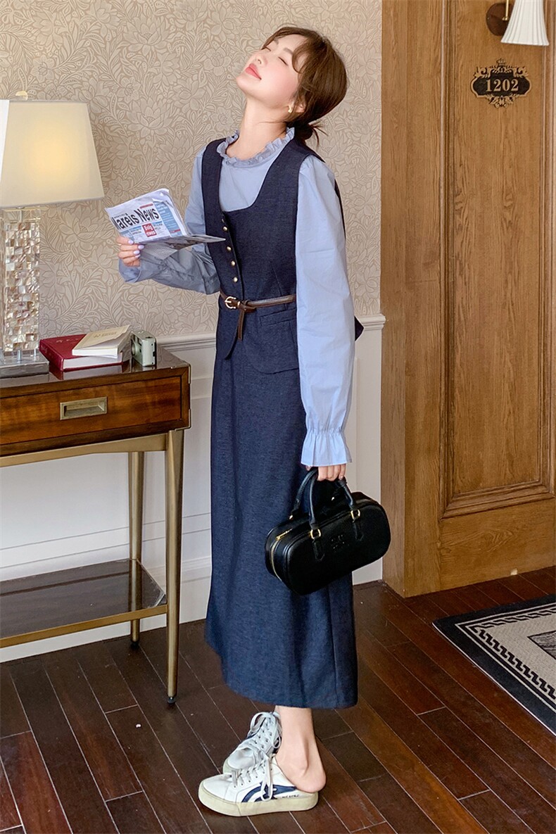 深蓝色马甲套装裙女2025春季新款韩系高级感气质显瘦半身裙三件套,女装套装/套裙,2D078