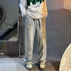 潮流春季青春流行拉链潮水洗新款直脚简约牛仔裤宽松直筒九分裤男，男装牛仔裤，星座1210-1