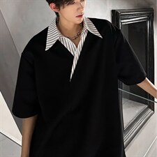 美式假两件正肩POLO衫男款夏季设计感翻领条纹衬衫领拼接短袖T恤，男装T恤，星座715-4