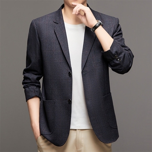 春秋新款中年男士休闲格子西服上衣中老年西装爸爸薄款外套图片
