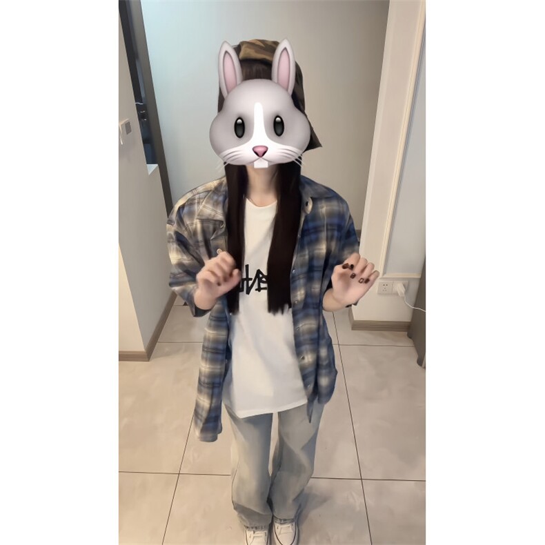 CS02CC-特P35美式复古蓝色格子短袖衬衫男设计感半袖衬衣,男装T恤,星座1007（原301D）