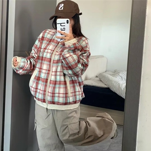 美式复古双面穿短款外套春秋款格子翻领夹克高级感棒球服