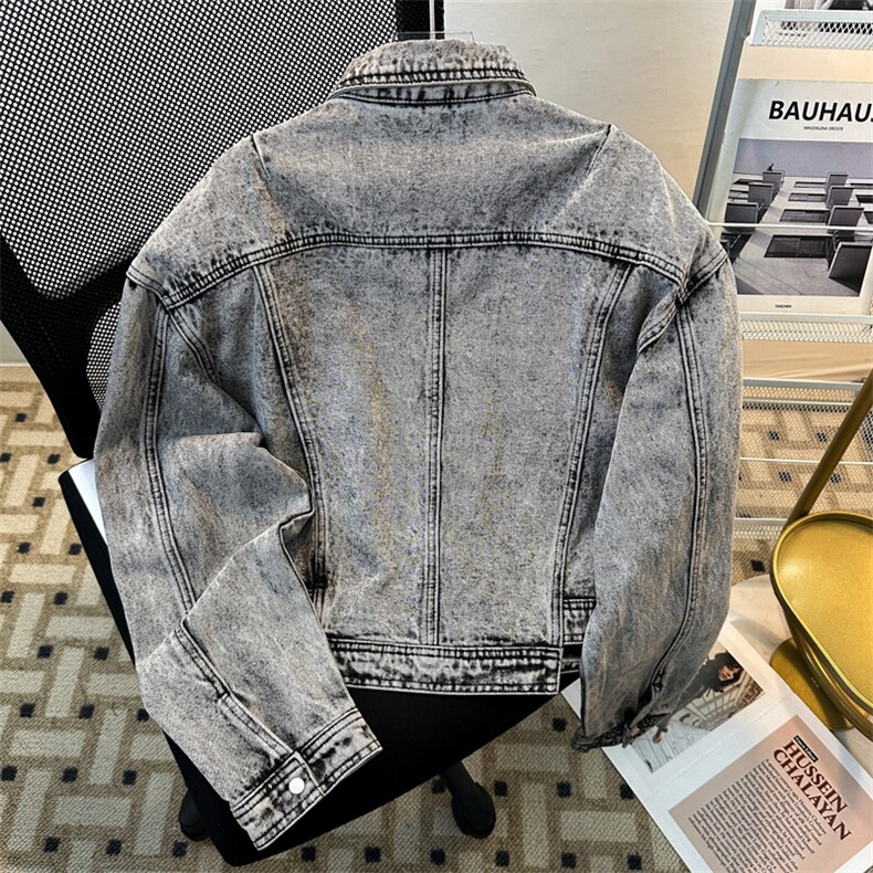 新款复古水洗做旧短款牛仔套装男翻领夹克外套上衣JK08352-P78，男装休闲套装，星座308B-1