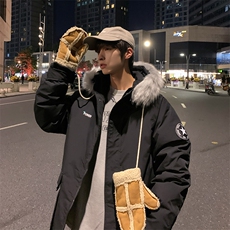 数据款现货连帽大毛领刺绣大口袋情侣学生中长款加厚白鸭绒羽绒服，男装羽绒服，星座301D-4(原星座1004-4）