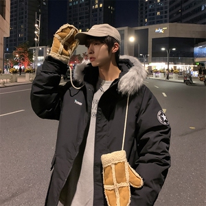 数据款现货连帽大毛领刺绣大口袋情侣学生中长款加厚白鸭绒羽绒服图片