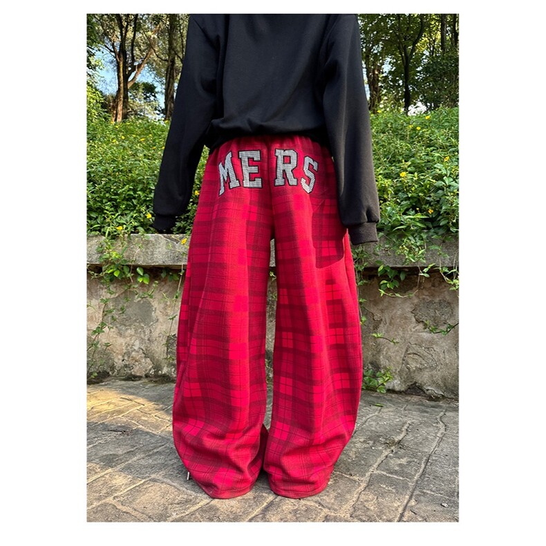 美式复古格子裤女秋季红色格纹阔腿裤宽松运动显瘦休闲裤拖地长裤,男装休闲裤,星座1210-1