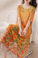 2023夏季女装新款时尚舒适大气度假风冰丝提花中长款连衣裙，女装连衣裙，魅衣本色