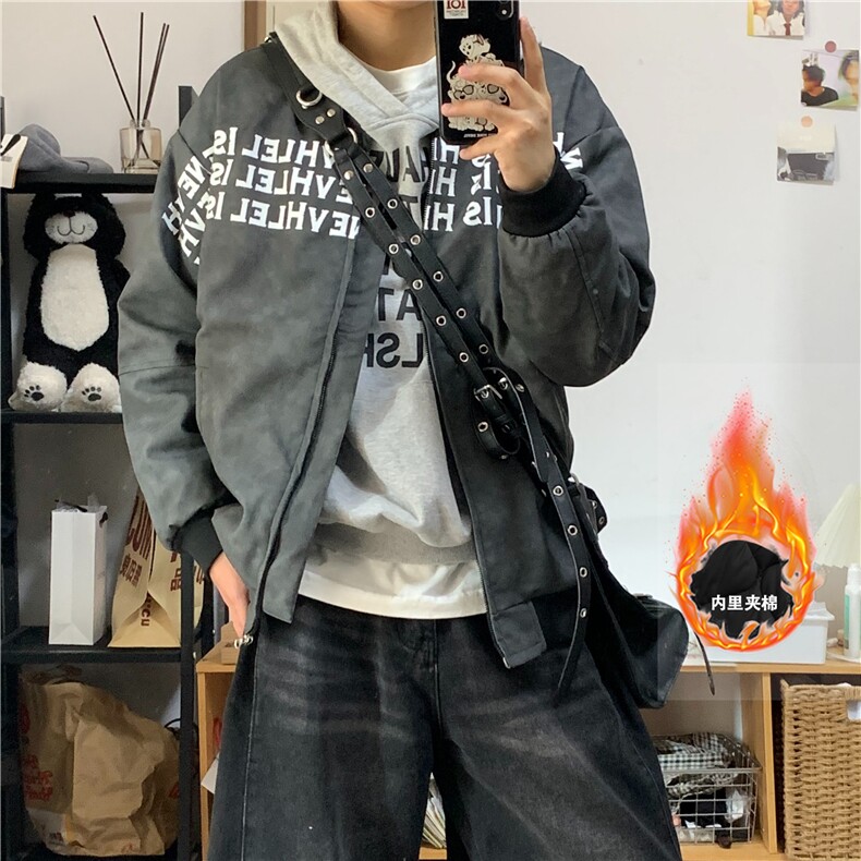 美式高街立领夹克外套男女秋冬季节潮牌字母印花棉服棒球服,男装夹克,星座506