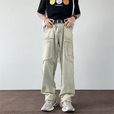 美式复古工装牛仔裤男秋款毛边重工水洗高街休闲长裤子，男装牛仔裤，星座410-7