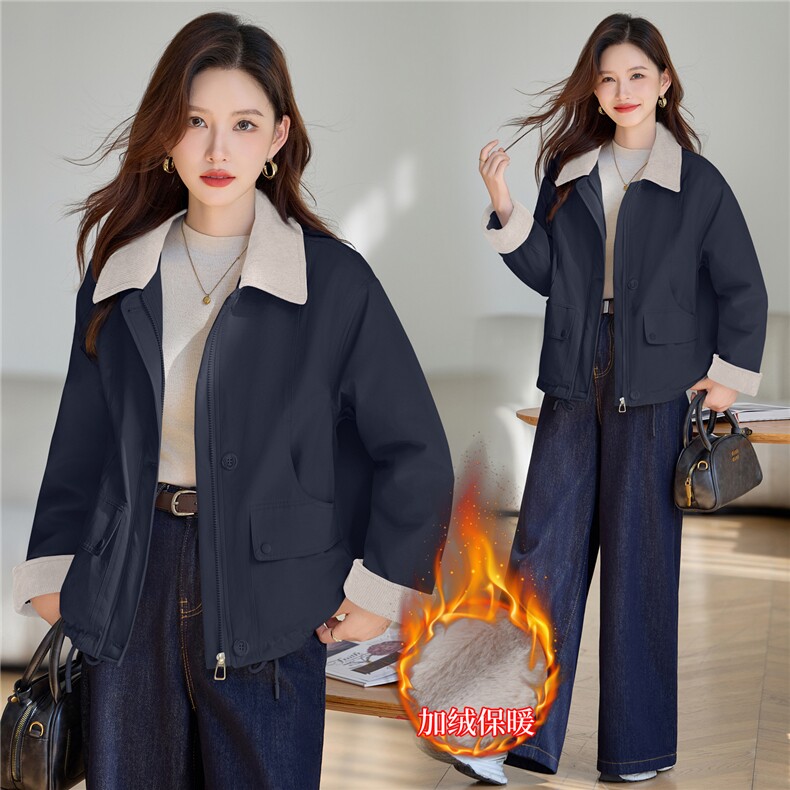 时尚撞色翻领加绒派克服外套女2025秋冬新款宽松显瘦休闲百搭棉服,女装棉衣/棉服,依万里
