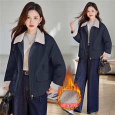 时尚撞色翻领加绒派克服外套女2025秋冬新款宽松显瘦休闲百搭棉服，女装棉衣/棉服，依万里