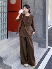 高级轻熟风穿搭咖色马甲套装女2025春秋超火好看阔腿裤气质三件套，女装套装/套裙，蝶眷