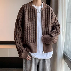 新款鹿毛绒圆领毛衣男士潮流宽松短款针织开衫外套休闲拉链毛线衣图片